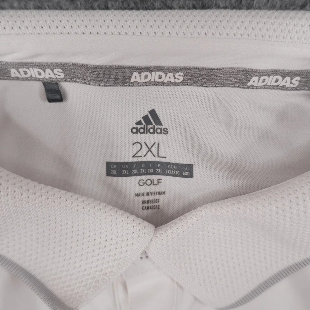 Adidas Golf Polo Shirt‎ Mens 2XL White Grey Stripe Performance Short Sleeve